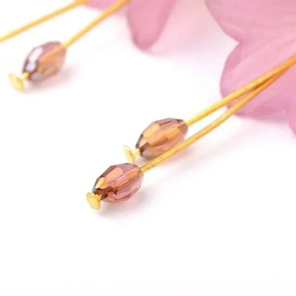 Handcrafted Lucite Lilac Plum Flower Gold Plated Faceted Glass Stamens Earrings - Picture 3 of 3